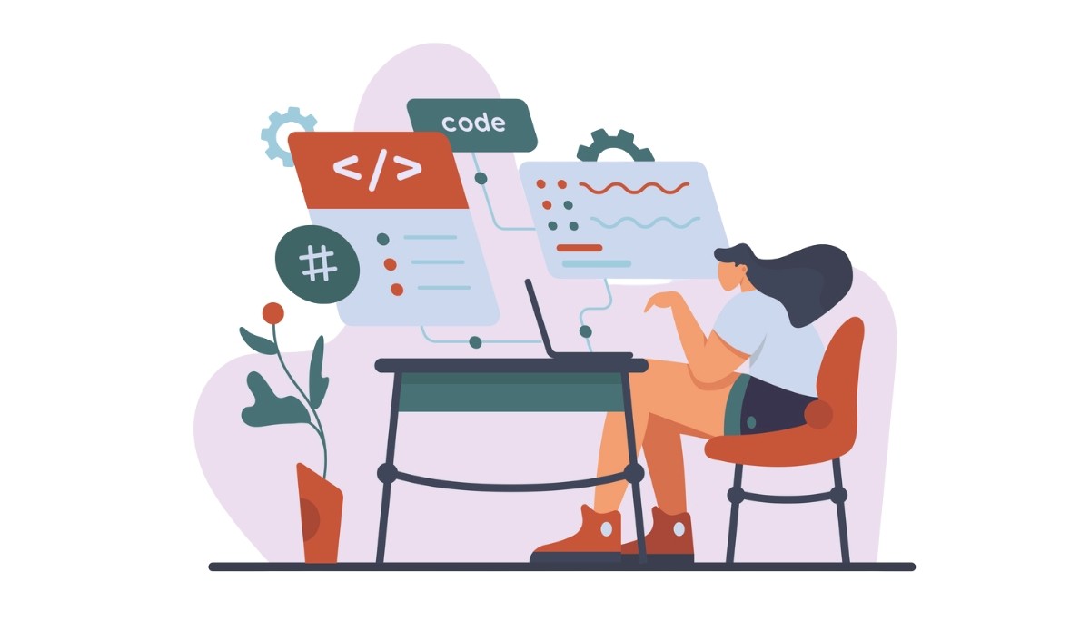 Illustration of a person sitting at a desk and coding on a laptop, surrounded by floating symbols, code snippets, and gears, representing core coding patterns and system design concepts essential for preparing for technical interviews.