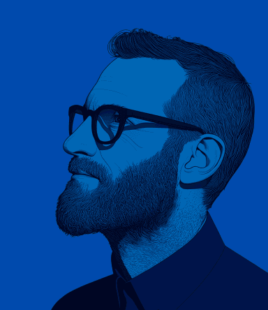 Stylized blue-toned illustration of a bearded man in profile wearing glasses and a collared shirt.