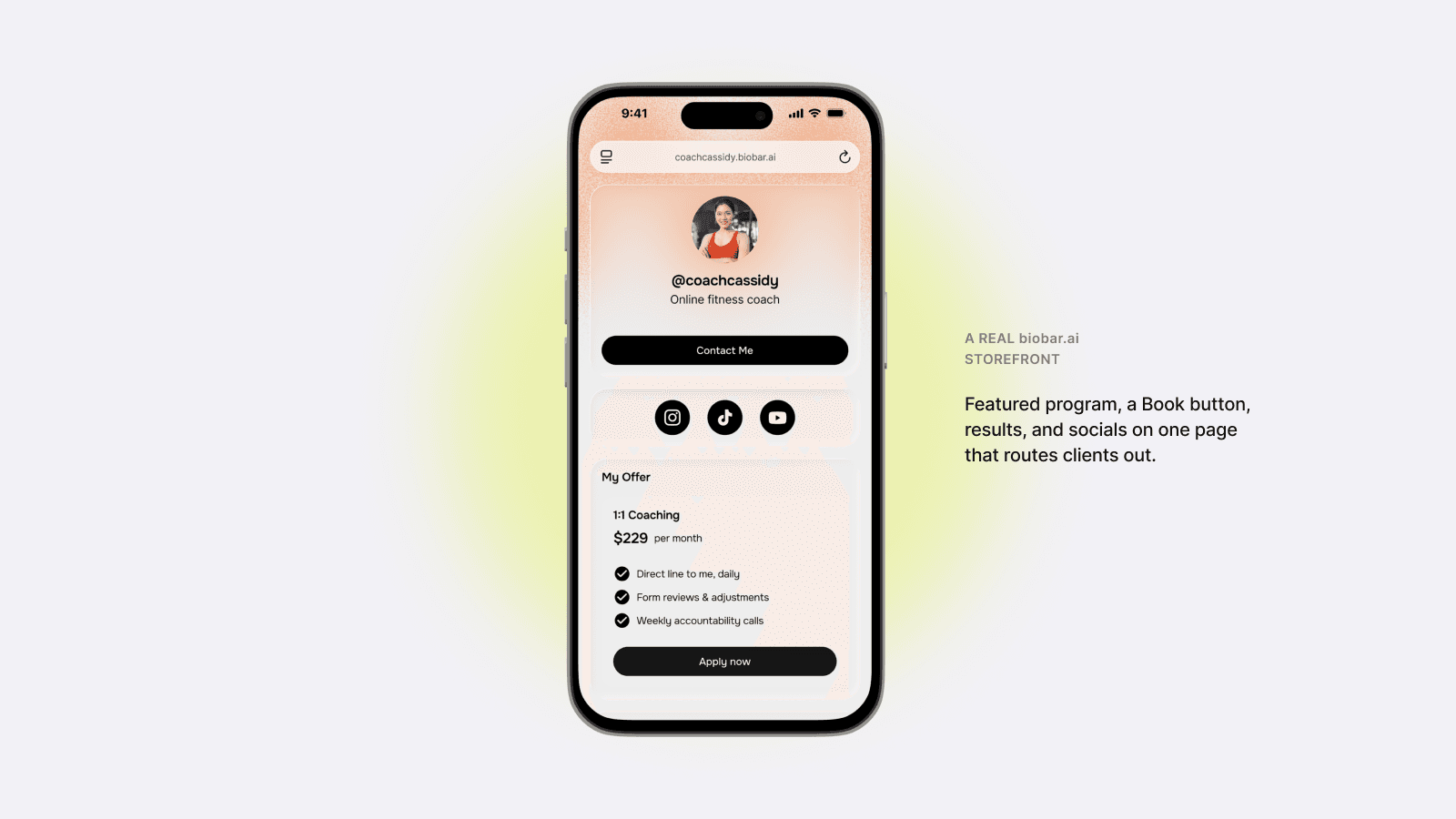 A real biobar.ai fitness coaching storefront