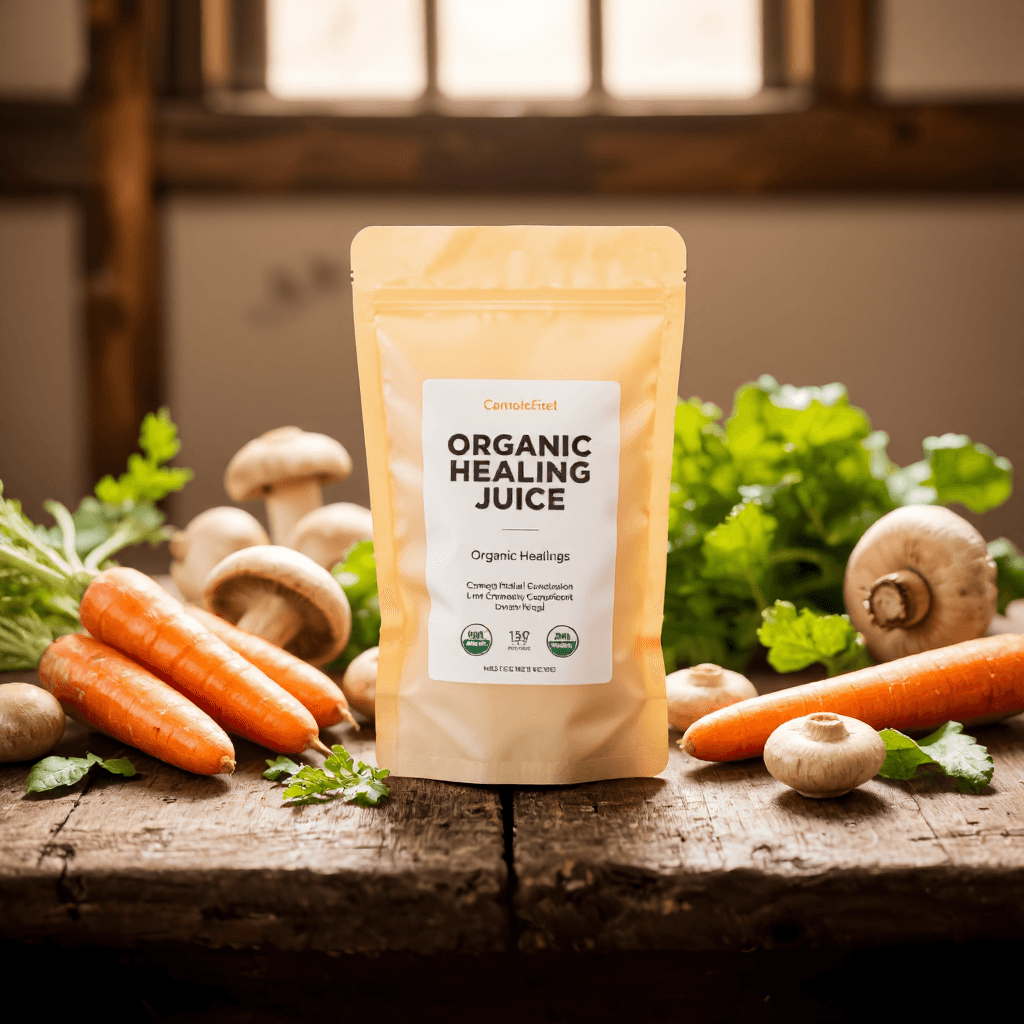 product photography of packets of organic healing juice
