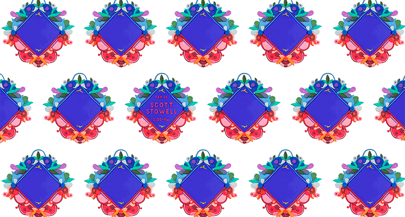 A pattern with a blue square, a red and a green floral design on a white background.