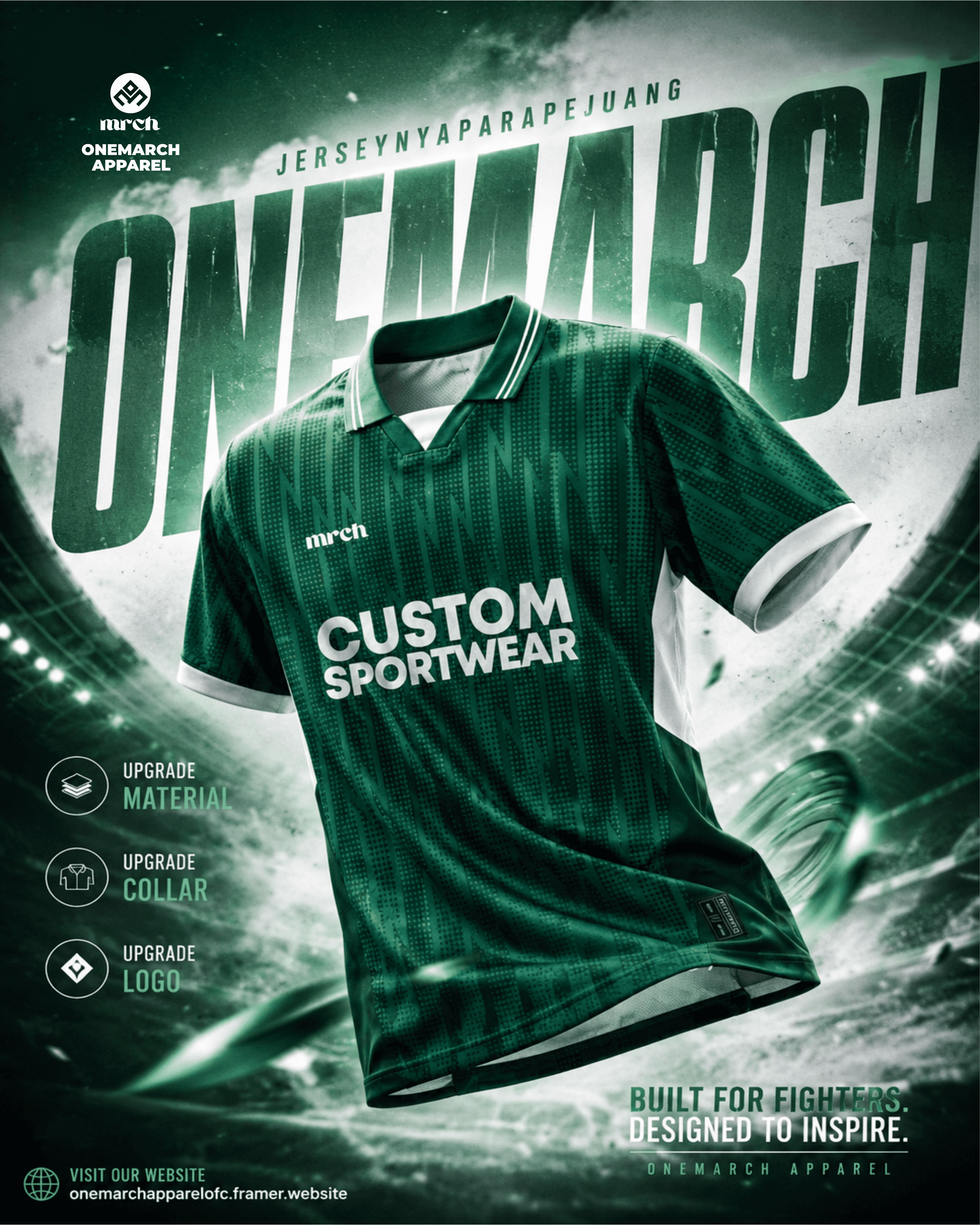 Custom sportswear jersey berkerah dari Onemarch Apparel warna hijau botol dengan detail upgrade kerah premium