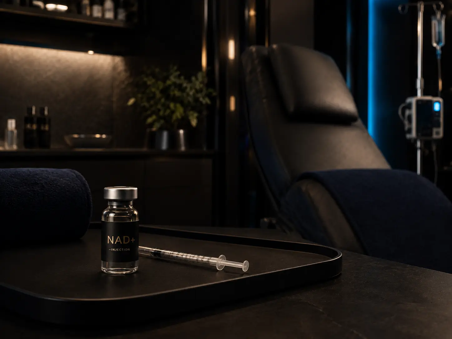 Dark clinic dispensary with an IV stand and shelves of bottles