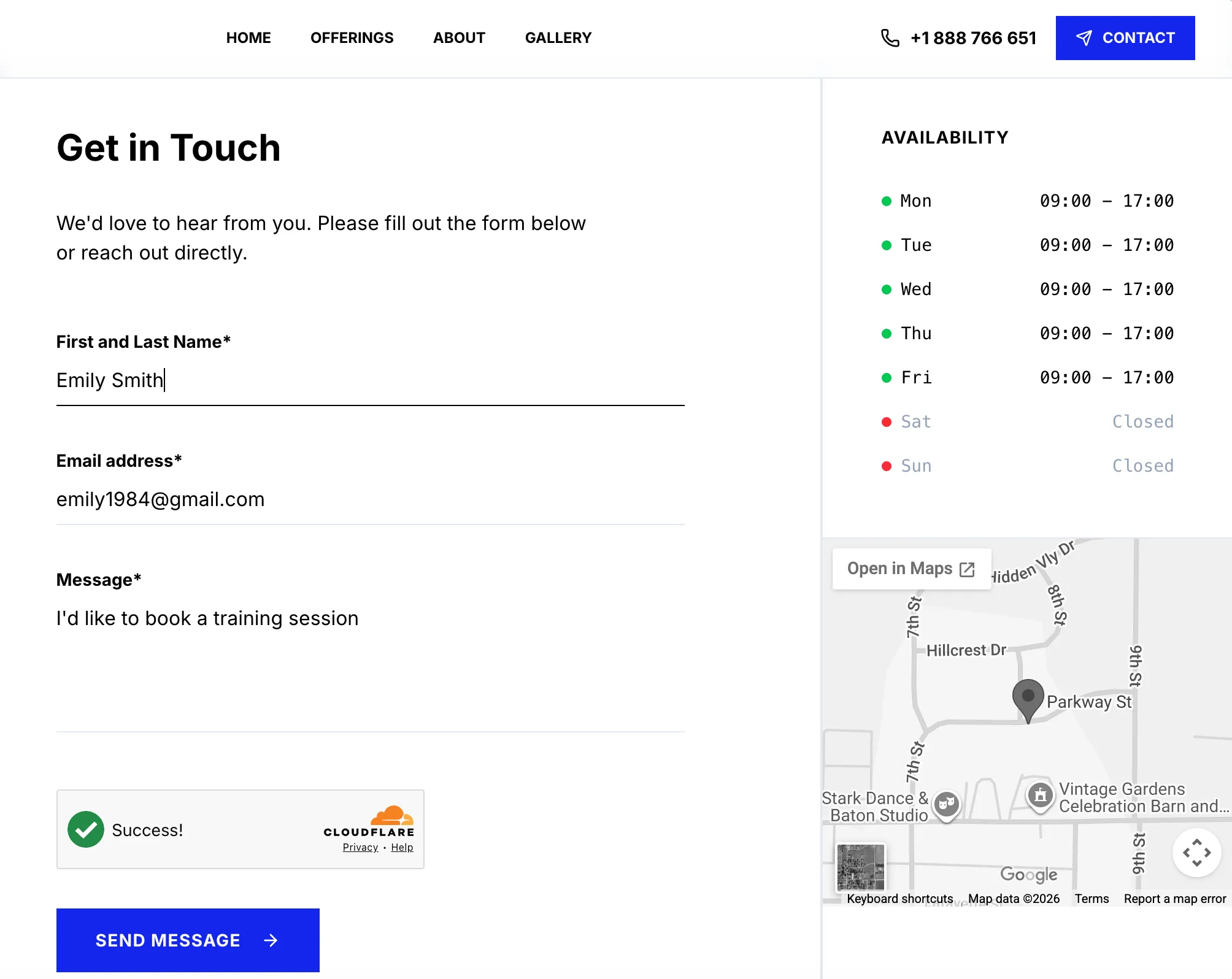 Personal trainer website contact page with form, opening hours, and location map