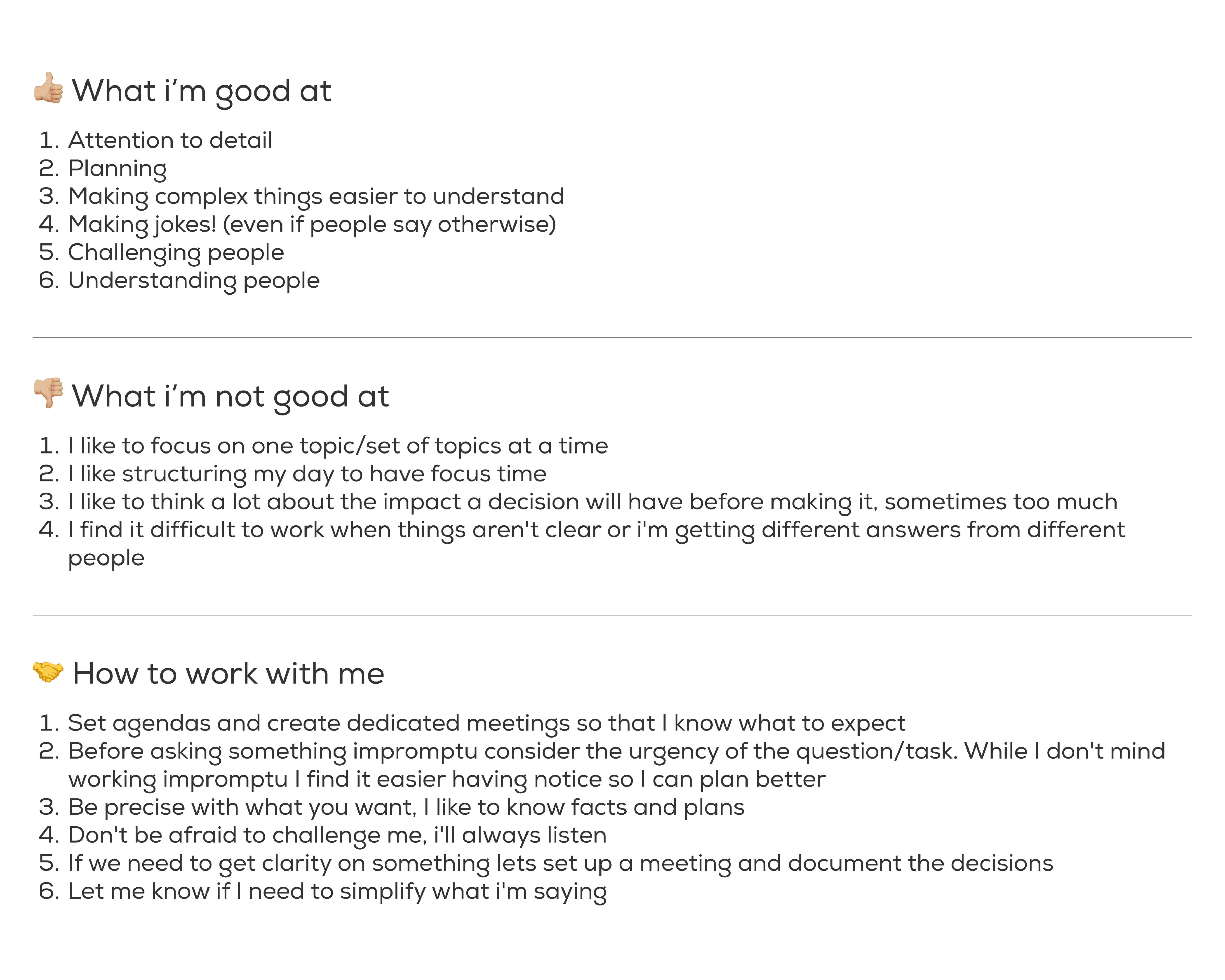 A document that shows what I'm good at, what I'm not good at, and how to work with me.
