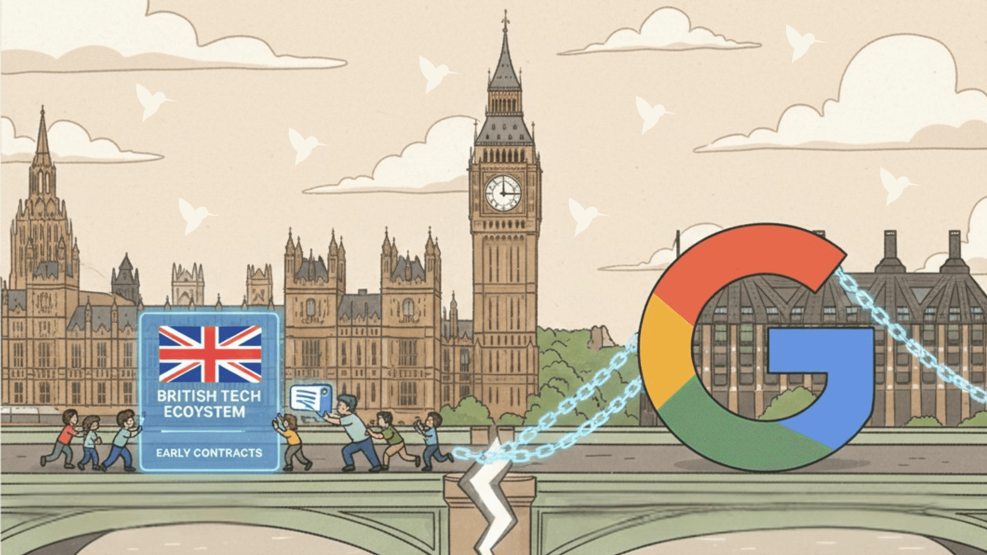 A flat, cartoony 16:9 illustration of the London Westminster skyline. A group of diverse people on a bridge are struggling to push a glowing blue box featuring the Union Jack and the text 'British Tech Ecosystem' and 'Early Contracts.' On the other side of a crack in the bridge, a massive Google 'G' logo is anchored by heavy chains. The image uses a muted, professional color palette with clean lines.