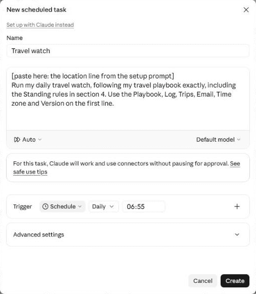 Claude New scheduled task window for the AI travel agent: the watch prompt pasted in, Auto permissions, and a daily trigger at 06:55