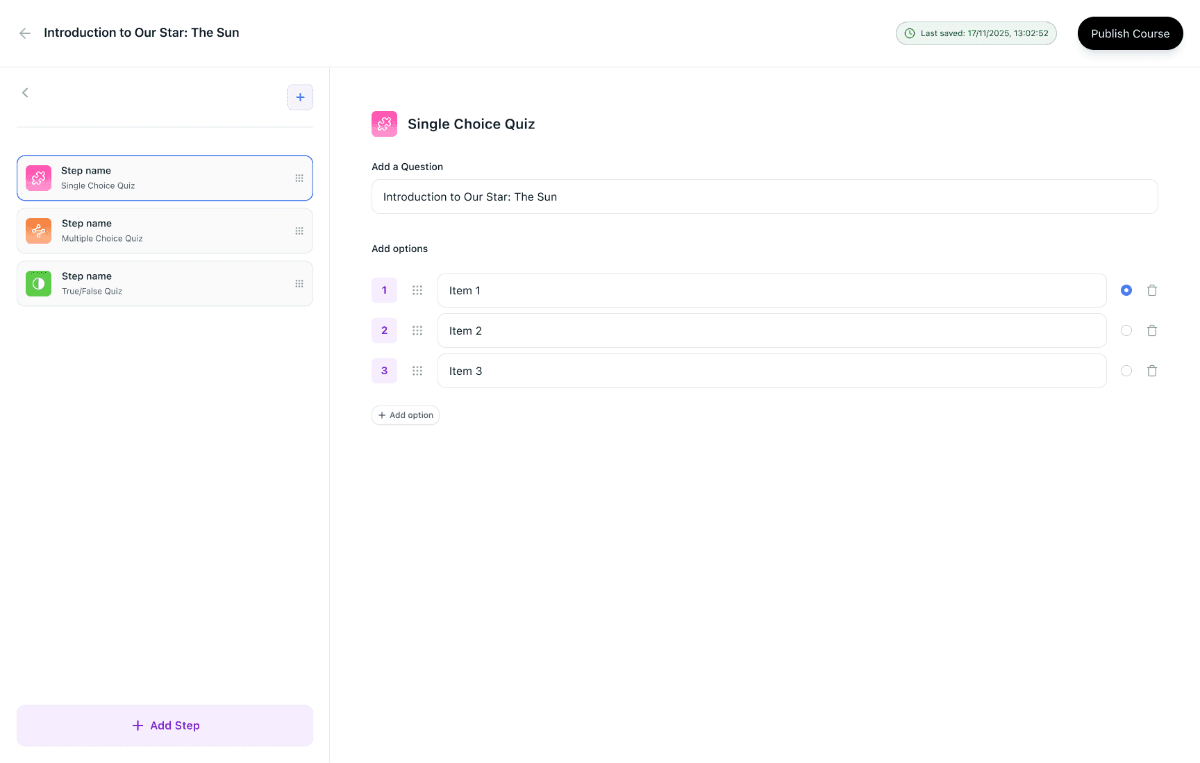 Single choice question builder showing options and the correct answer