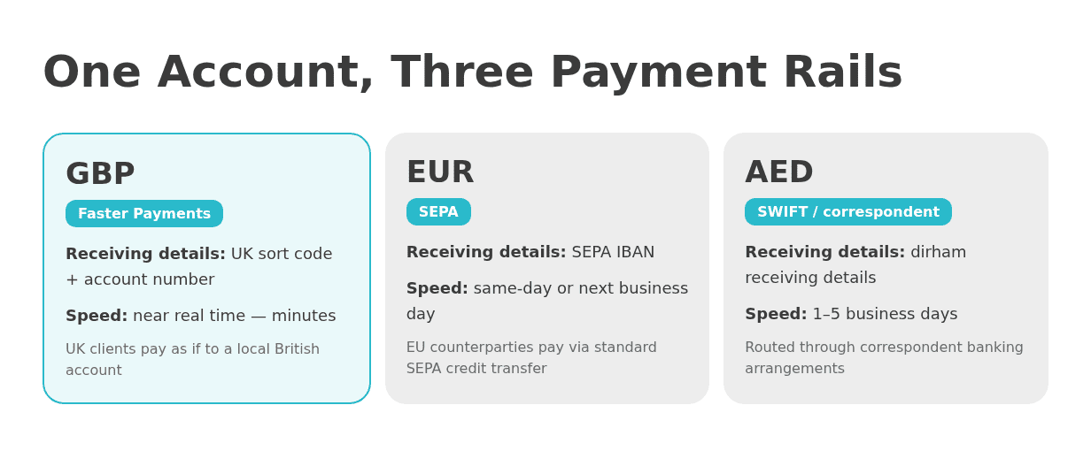Payment rails for AED, GBP and EUR balances in one multi-currency account