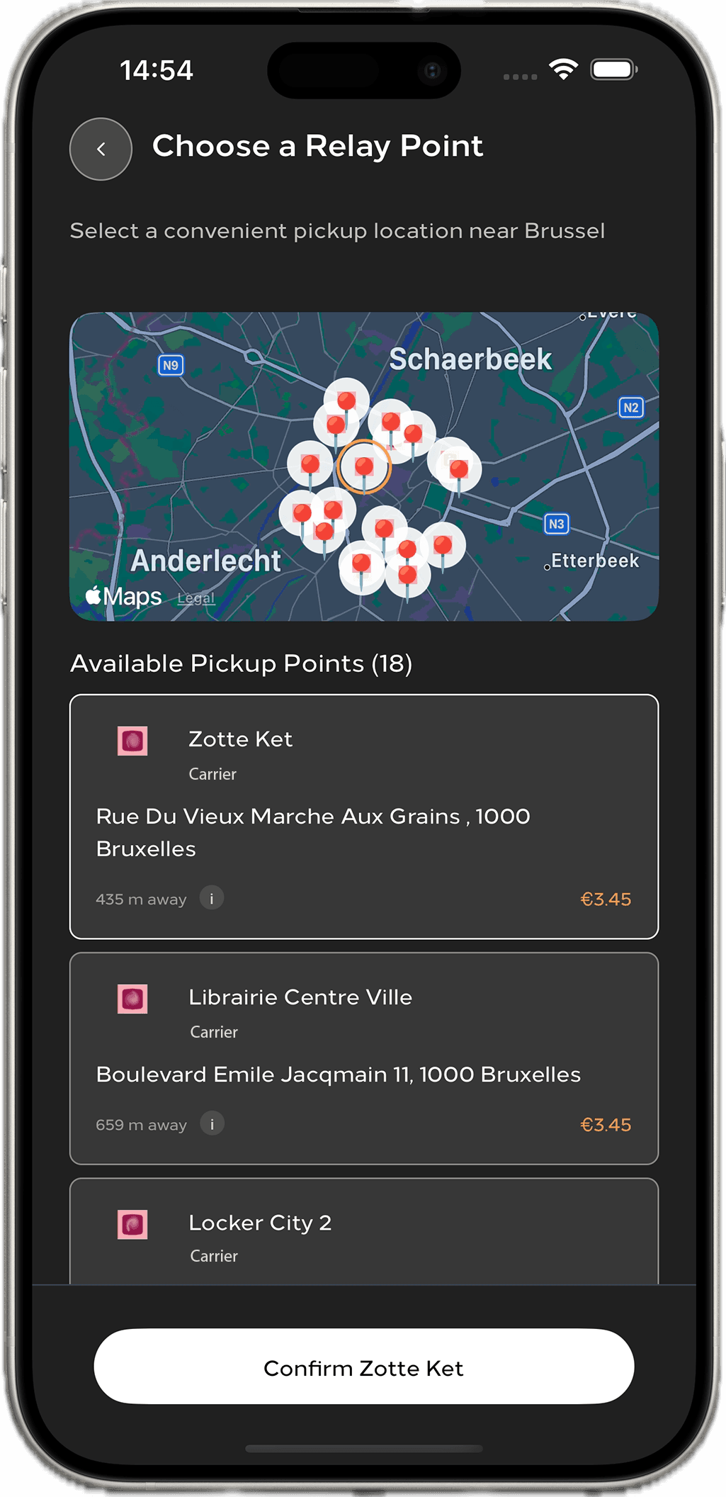 DWICE app showing relay pickup points with integrated shipping for secure vinyl trading.