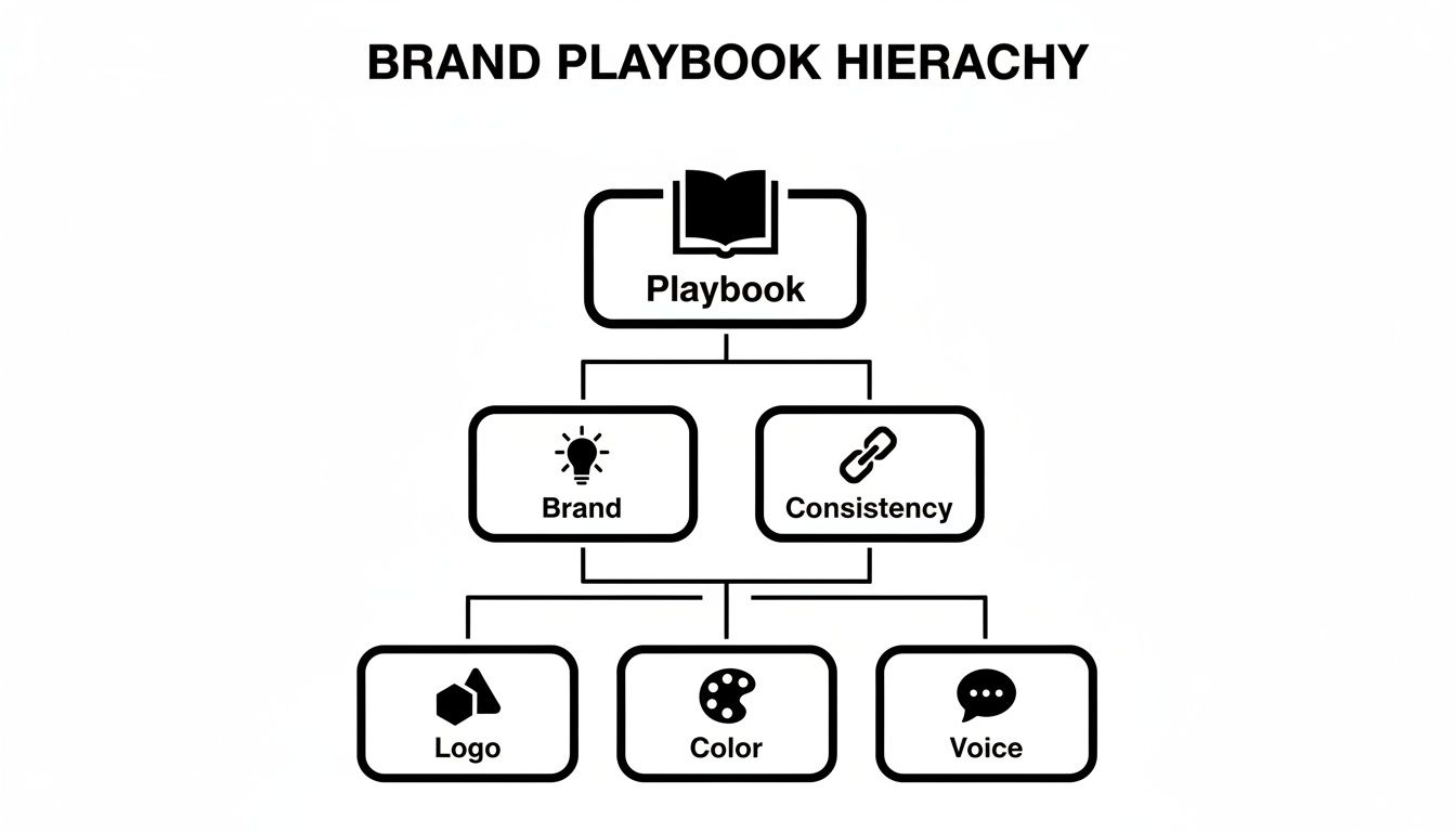 Hierarchy diagram showing a brand playbook containing brand and consistency elements, leading to logo, color, and voice.