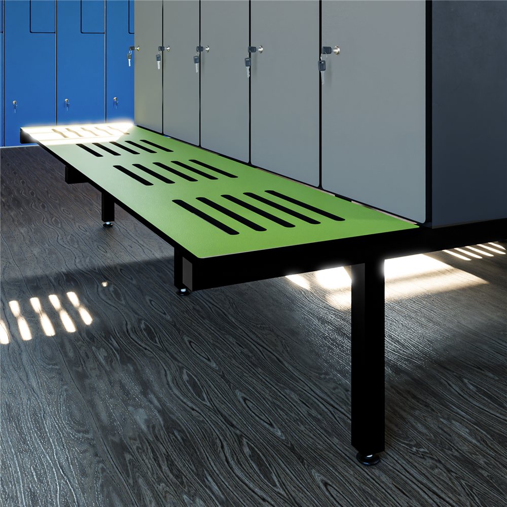 Close up of the locker bench in an apple green SGL finish