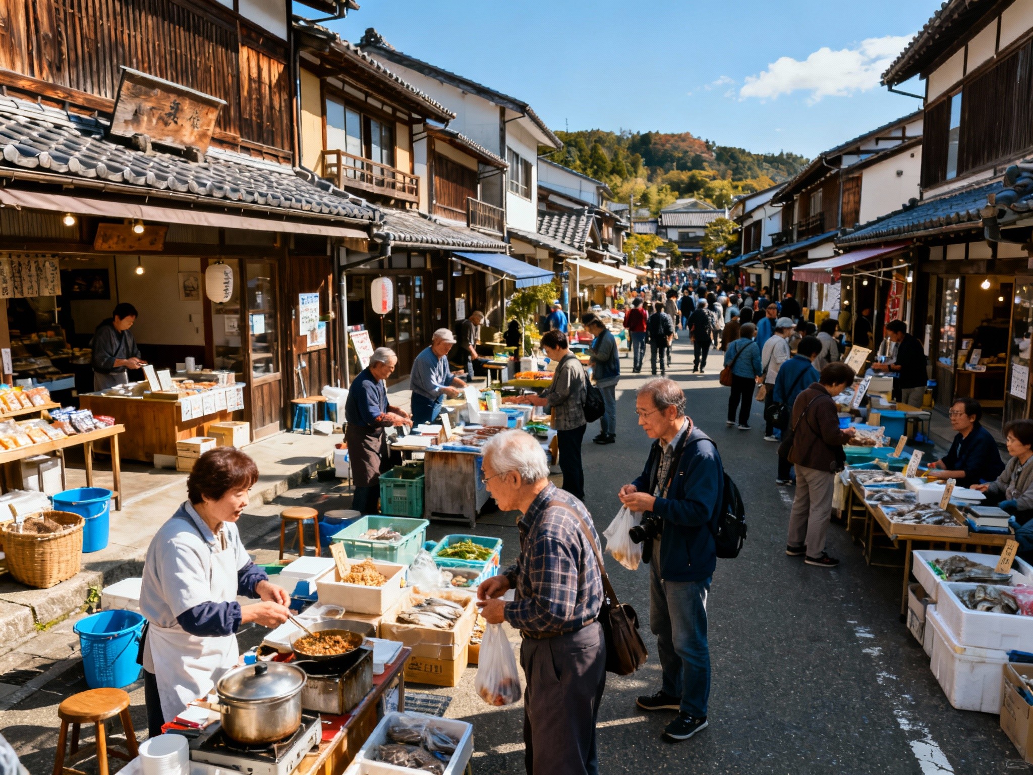 An energetic mid-afternoon street scene in Hirono town, vividly detailed and framed wide at to