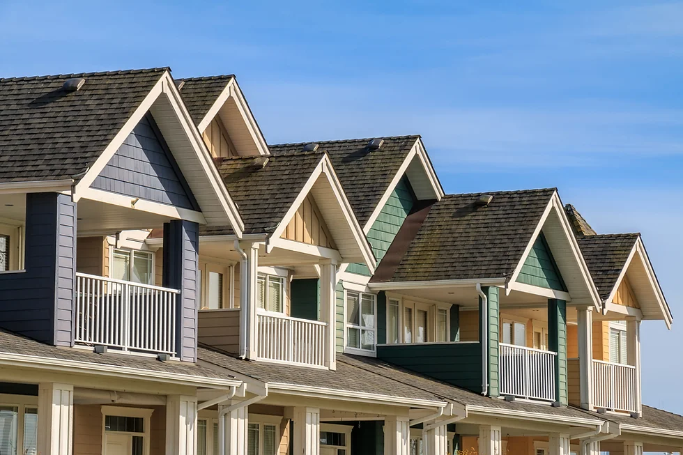 Portrait picture of the roofline of multiple residential roofs.