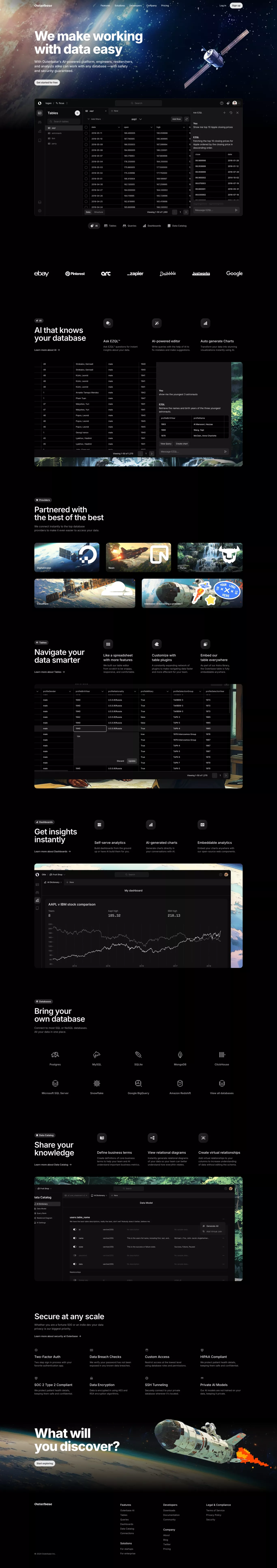 Outerbase landing page screenshot showcasing Tech and AI design
