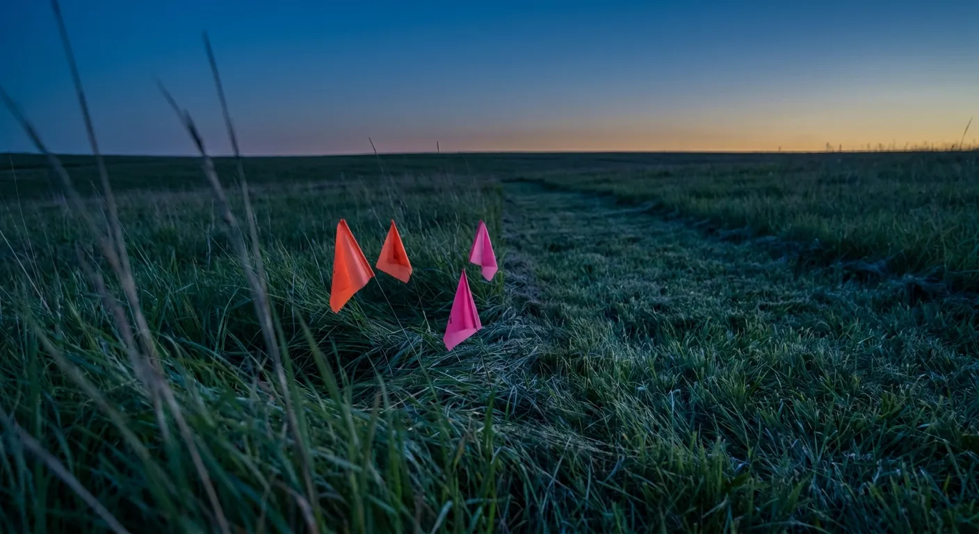 Sunrise over grassy field with vibrant flags; RockN' Socials, Digital Marketing.