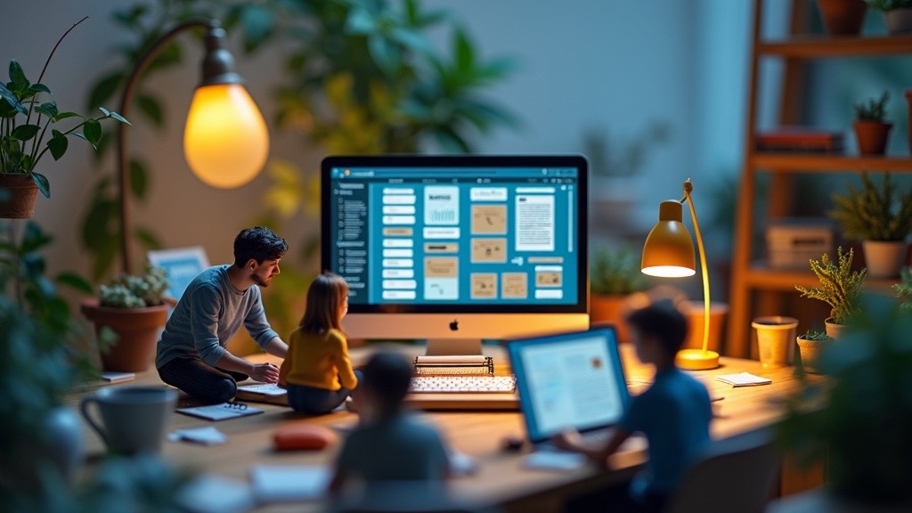A miniature team building a polished Framer website with AI-generated layouts and motion elements.