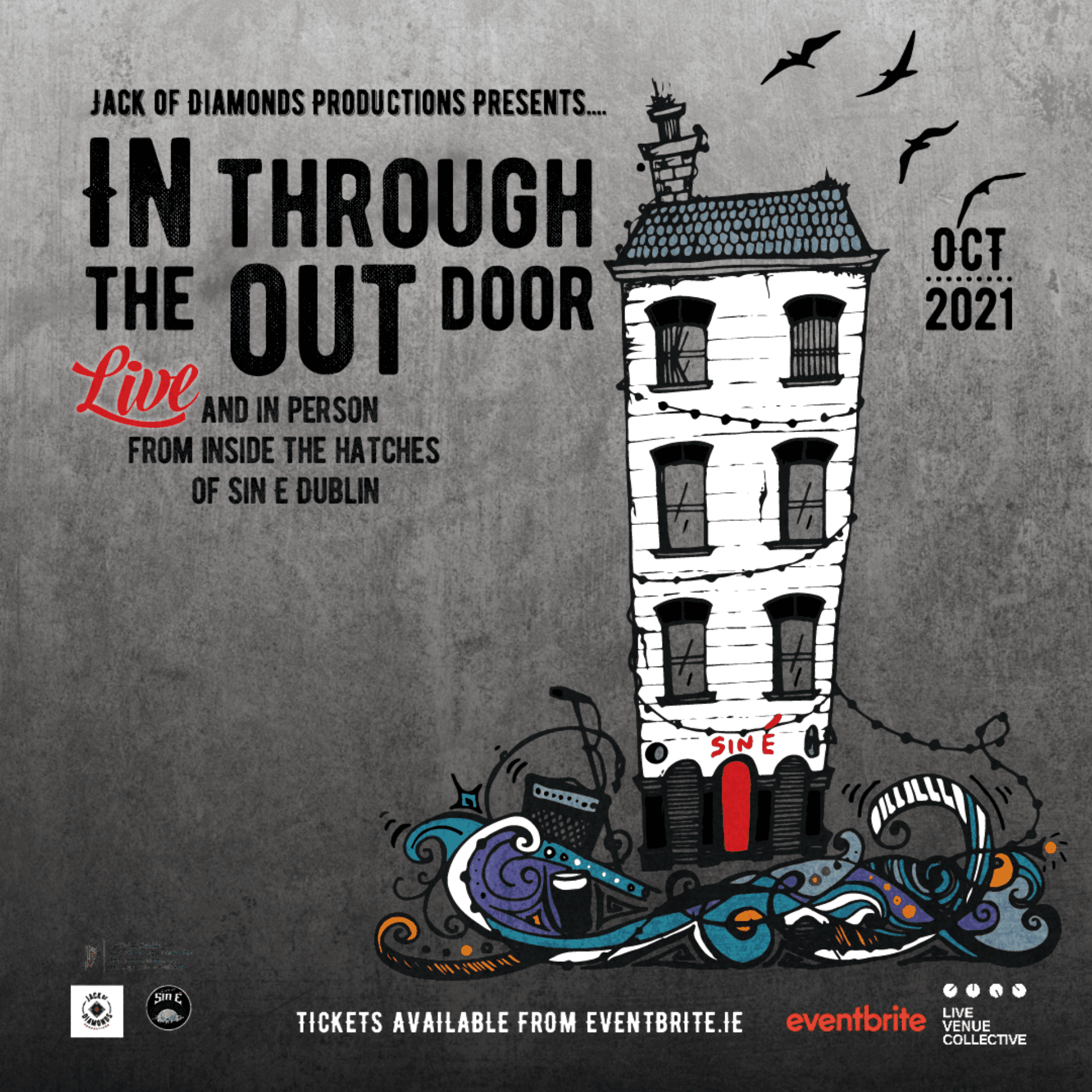 Black, white, and red poster with a tall building and typography.