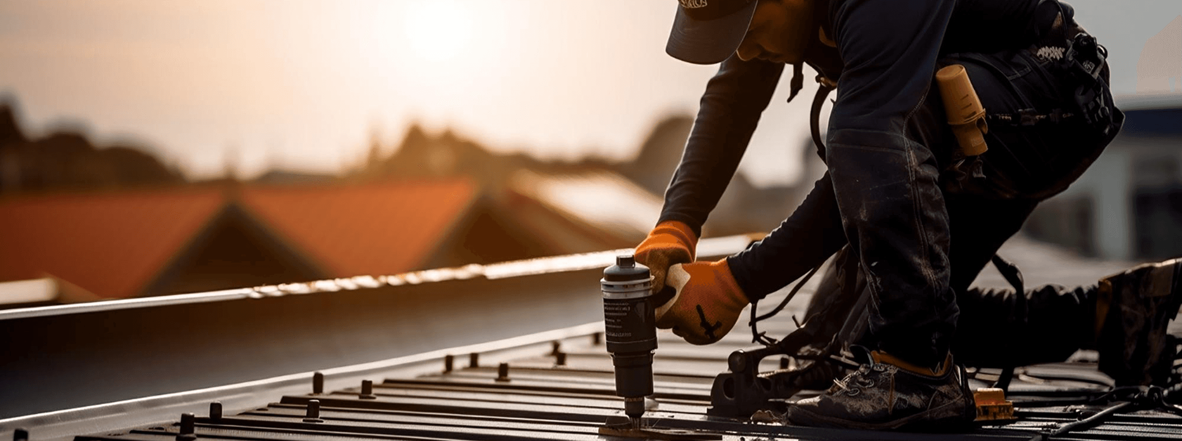 a man in a yellow shirt is working on a roof