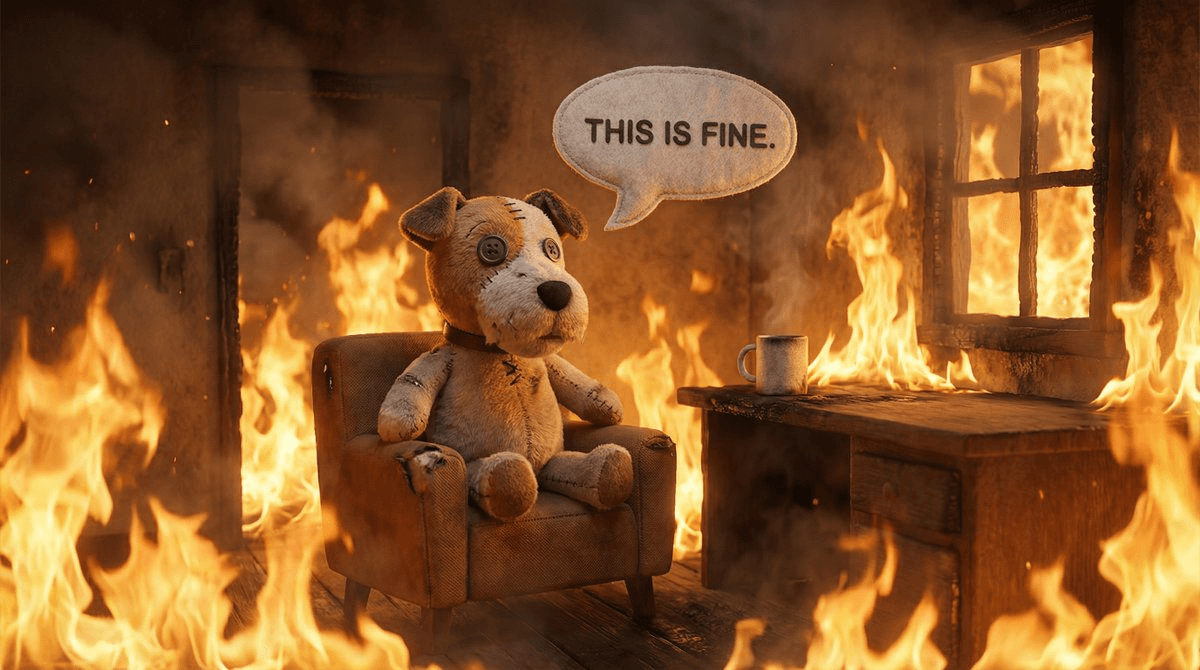 "Turn the 'This is Fine' dog meme into a photorealistic 3D render. Keep the composition identical but make the dog look like a plush toy and the fire look like realistic flames."