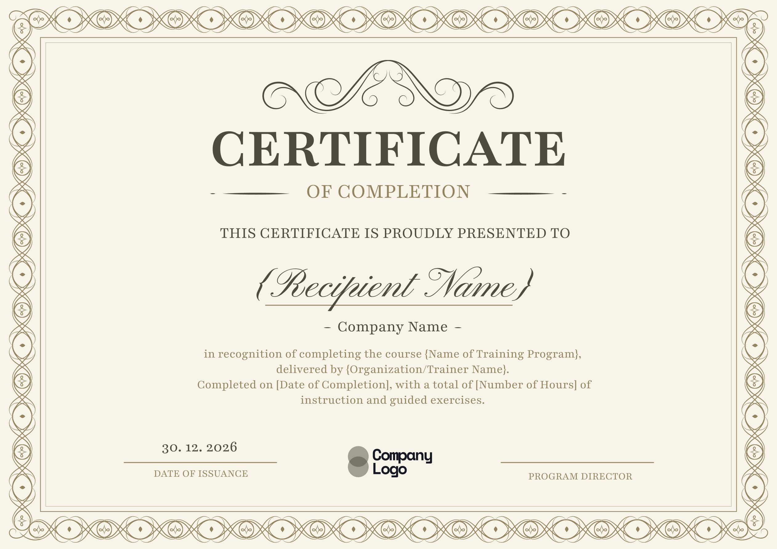 Wauld - Elegant and Professional Training Completion Certificate Template
