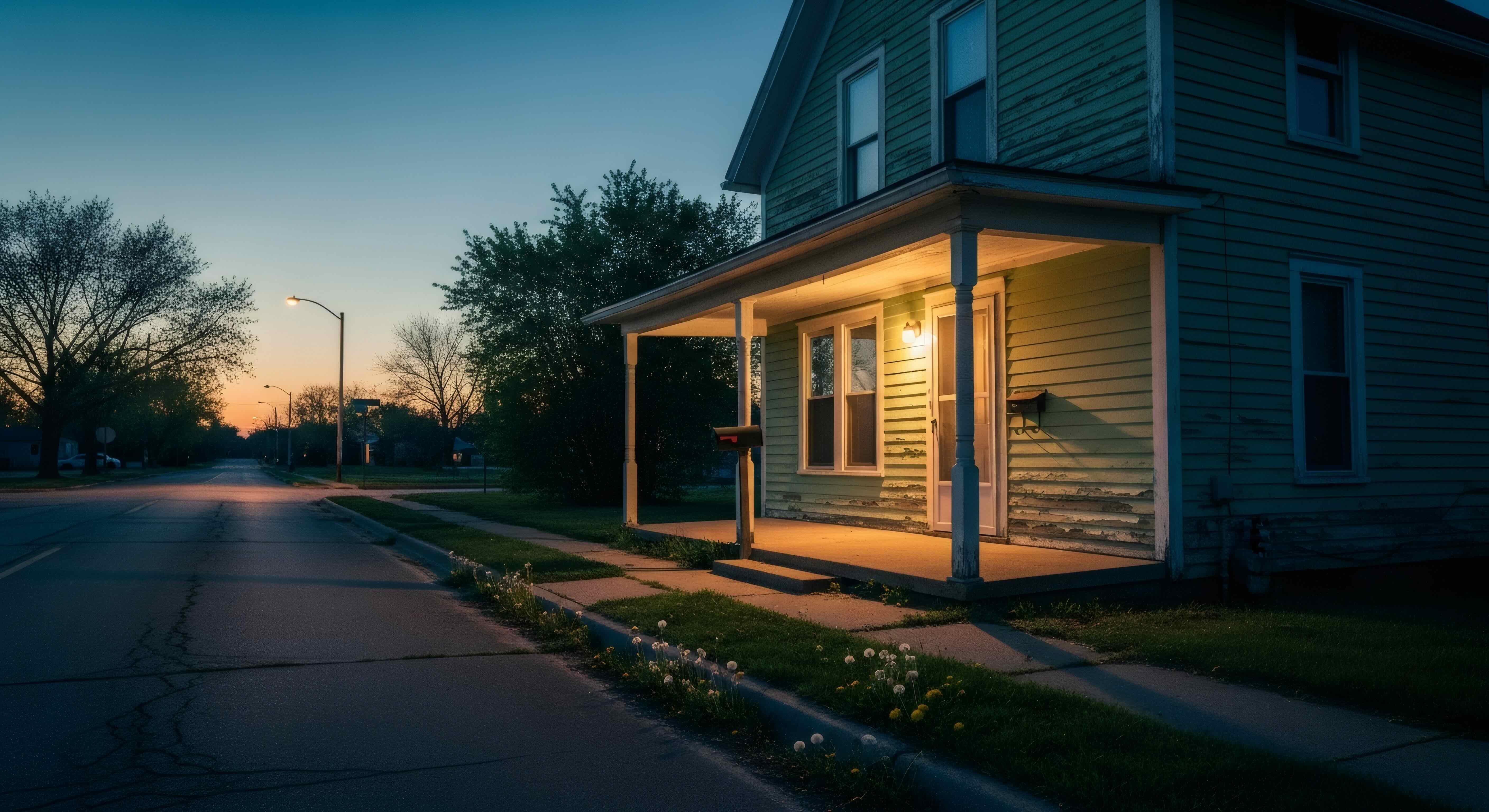 A quiet residential street at dusk, porch light on, empty sidewalk