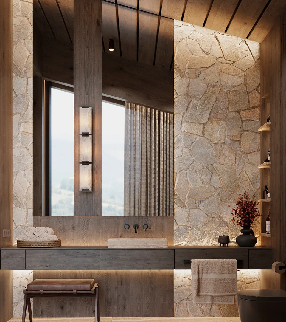 Peakside Chalets Cyprus bathroom with stone feature wall, floating vanity, and integrated warm lighting