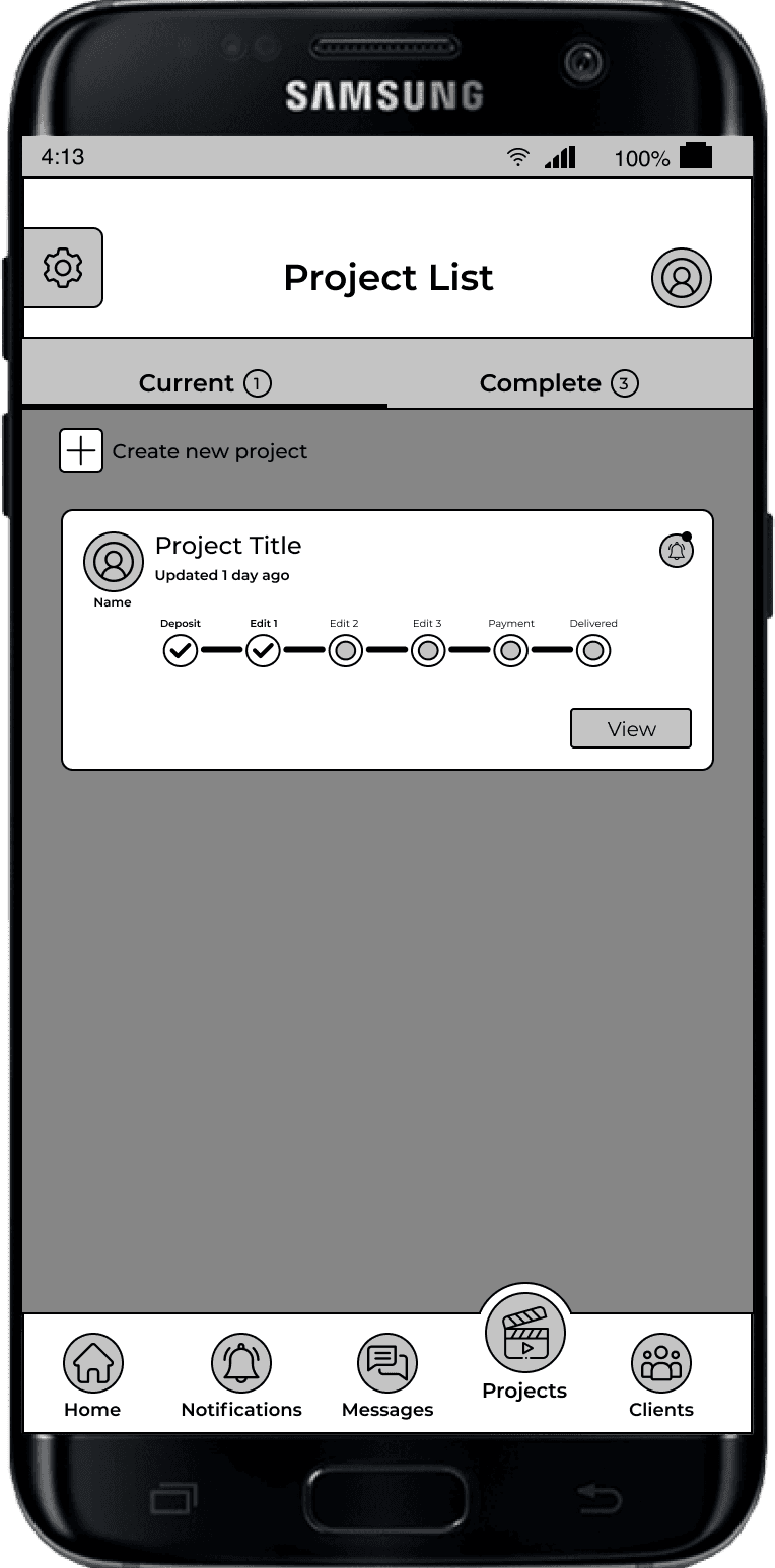 A wireframe of a media production app's project page