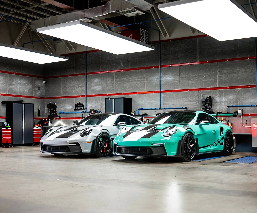 Ferrari in the light tunnel at Rocky's Ultimate Garage