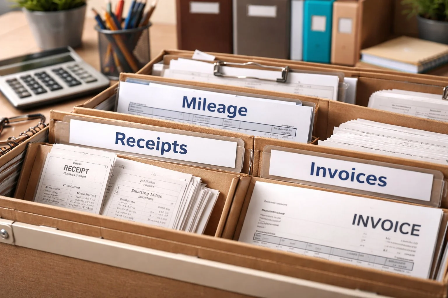 Document storage system displaying organized records for receipts, mileage, and invoices.