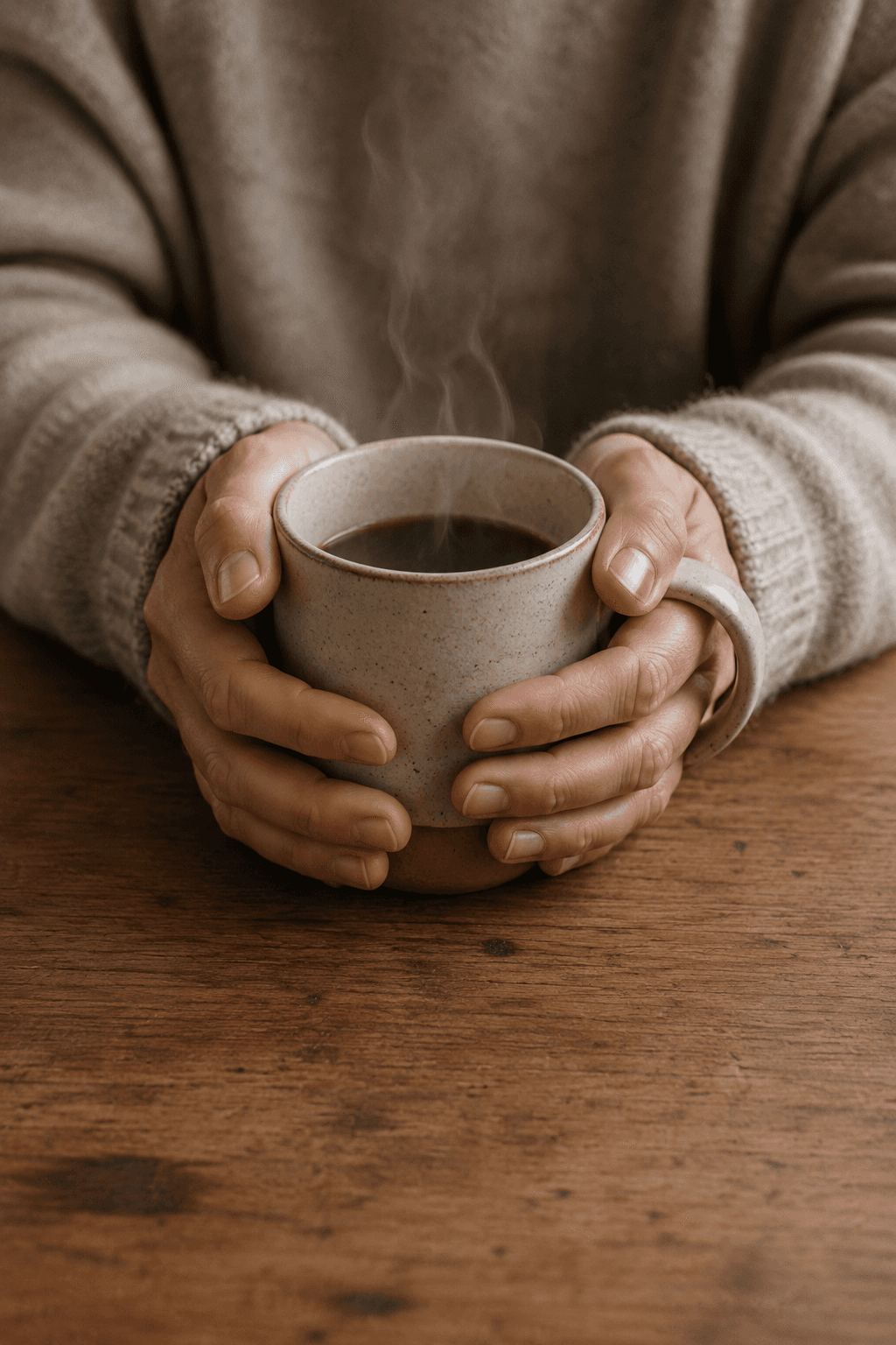 Hands wrapped around a warm mug suggesting the internal, quieter state that comes when food noise reduces