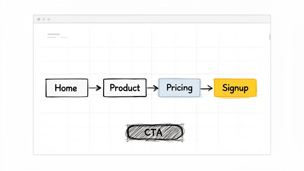 A hand-drawn website user journey diagram showing steps from Home, Product, Pricing, to Signup, including a CTA.