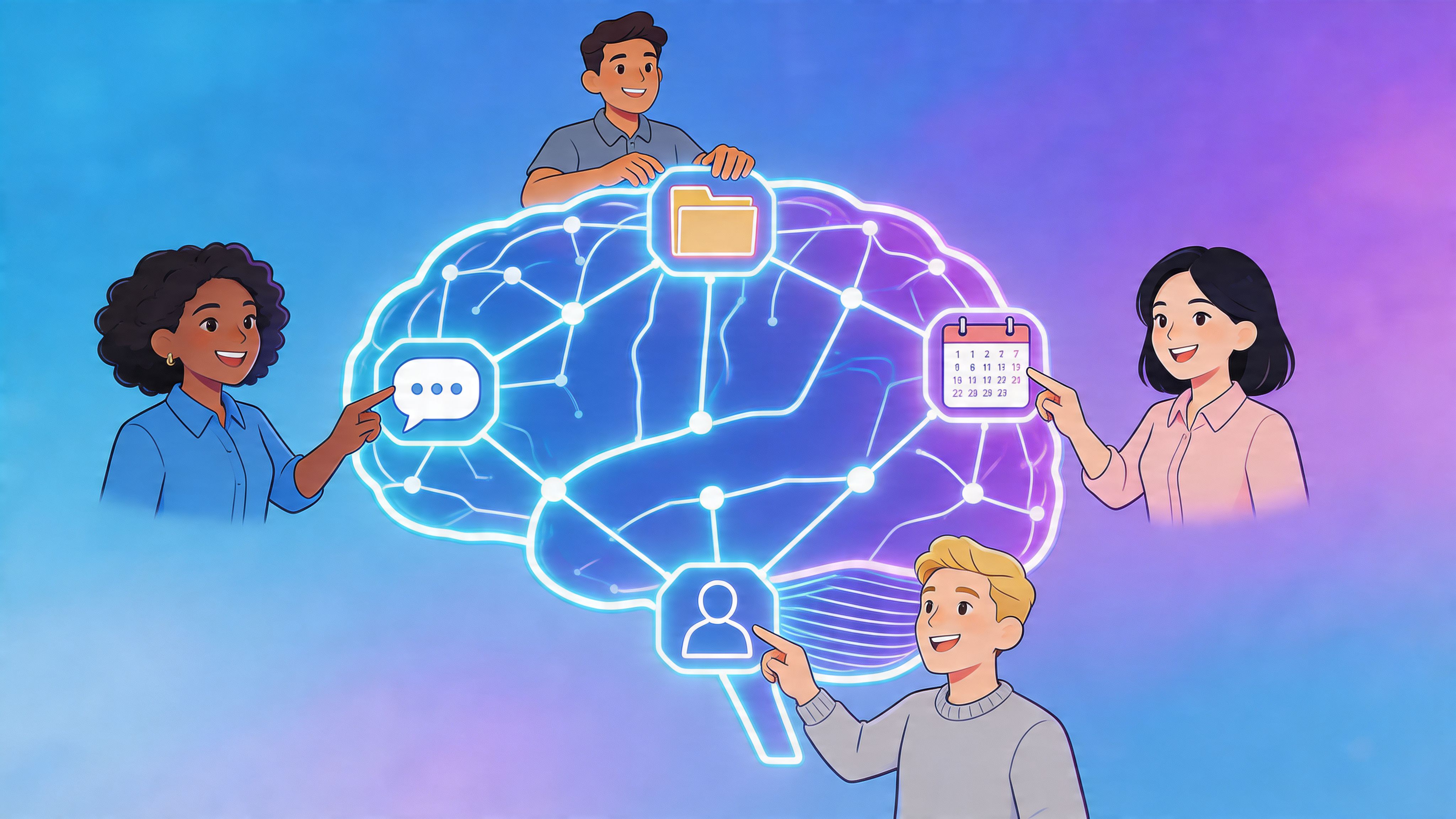 A digital illustration showing four people interacting with a glowing brain icon representing a company intranet system.