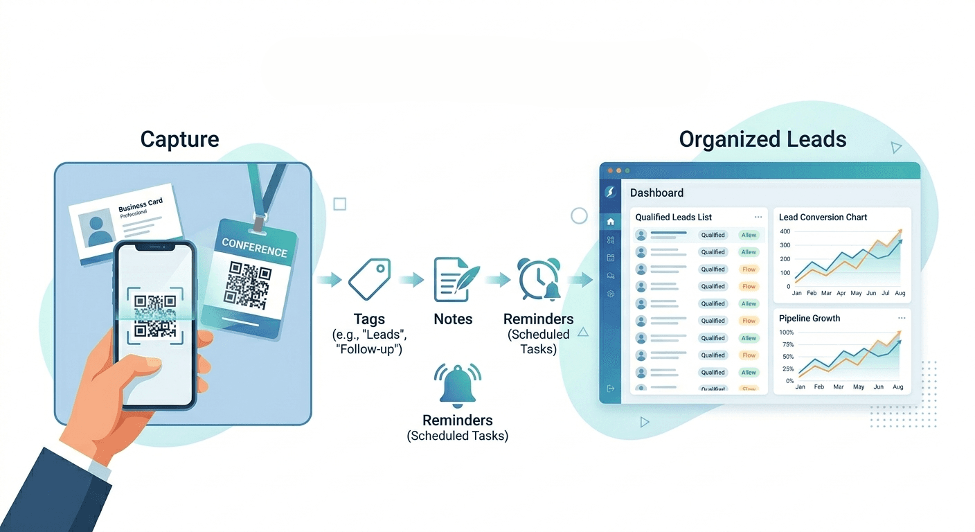 Sales representative overwhelmed by business cards and messy CRM data contrasted with a clean automated lead management dashboard
