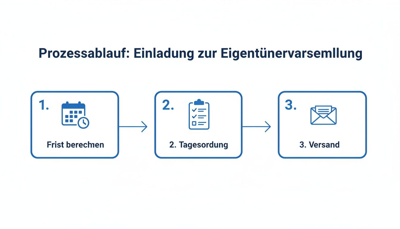 Prozessablauf zur Einladung einer Eigentümerversammlung, dargestellt in drei Schritten: Frist berechnen, Tagesordnung erstellen und Versand.