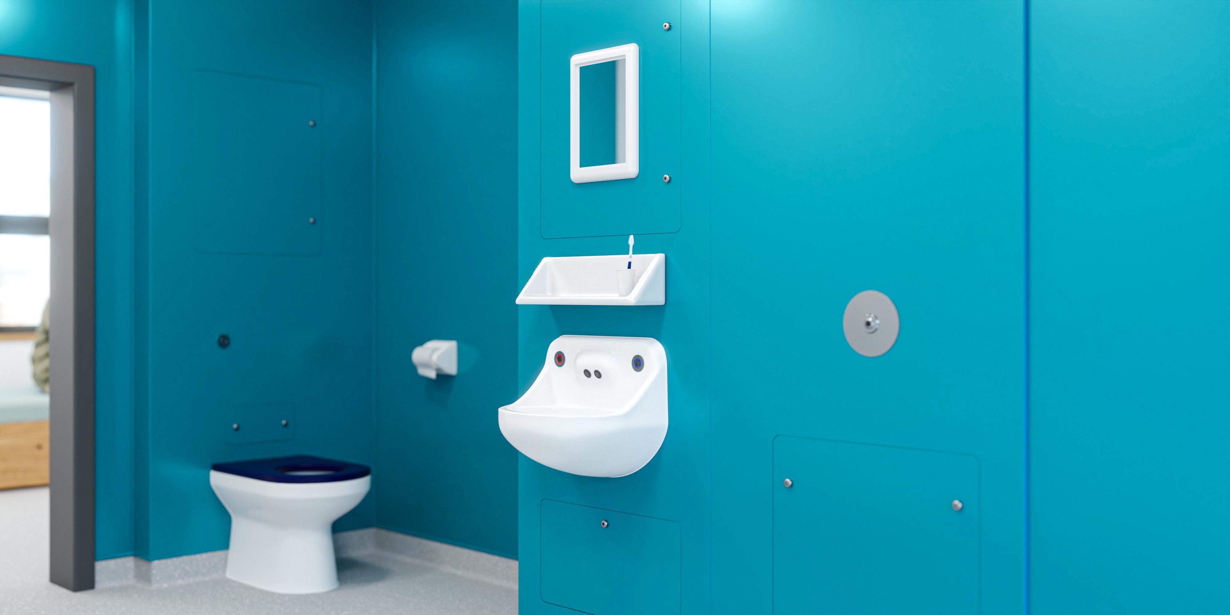 Hygipod Safe anti-ligature IPS showing hand washbasin and toilet units for mental health washrooms