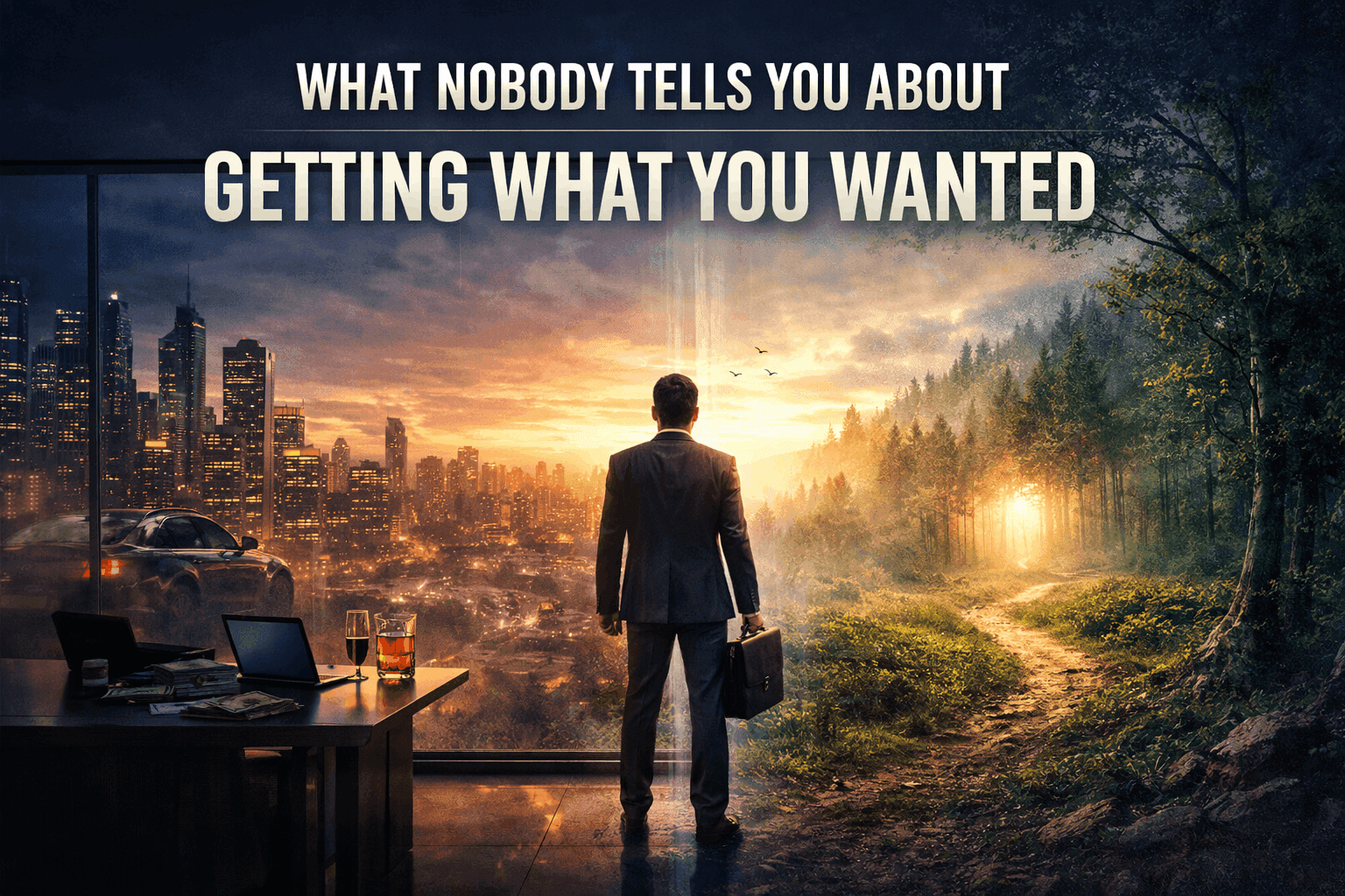 Symbolic image of man choosing between success and purpose reflecting the reality of getting what you wanted but still feeling empty