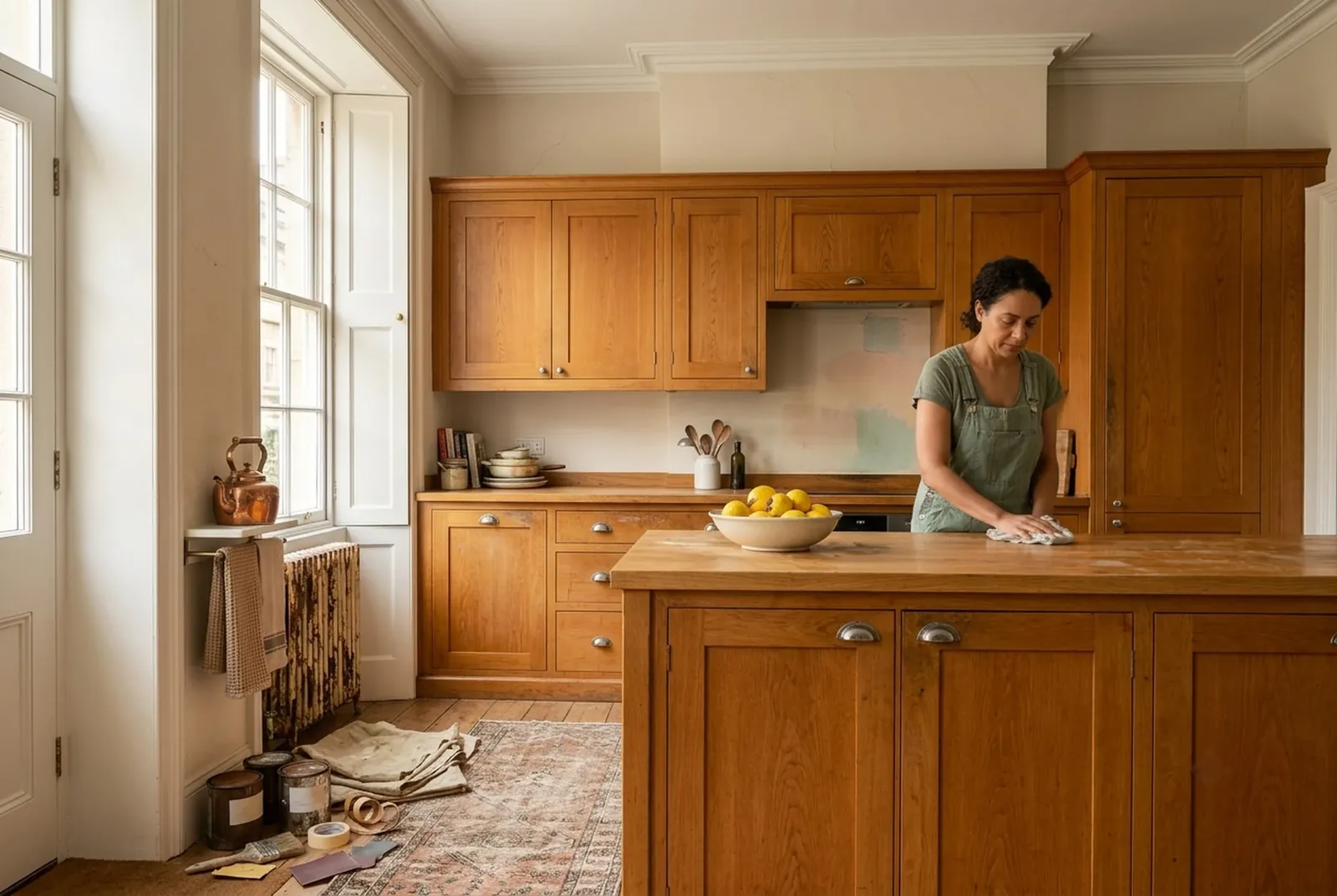 The kitchen before: orange-toned oak cabinets and tired walls