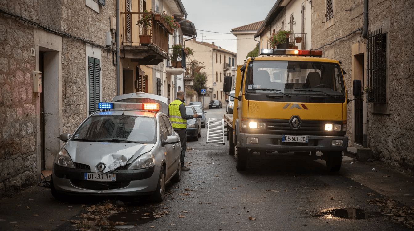 Un camion plateau arrive dans une allée pour charger une voiture en panne, probablement un véhicule hors d'usage, en vue de son enlèvement. Ce service professionnel permet de gérer efficacement l'état des épaves et de faciliter le recyclage des véhicules.