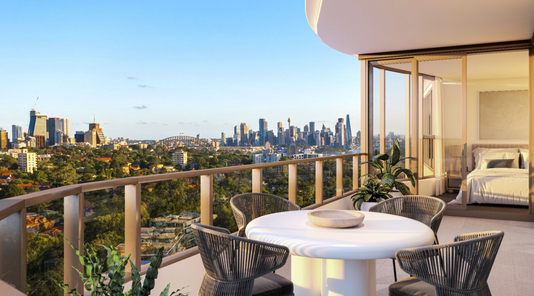 Luxury balcony view at The Landmark Quarter St Leonards overlooking Sydney Harbour and skyline, off the plan apartment secured with $10K via Coposit