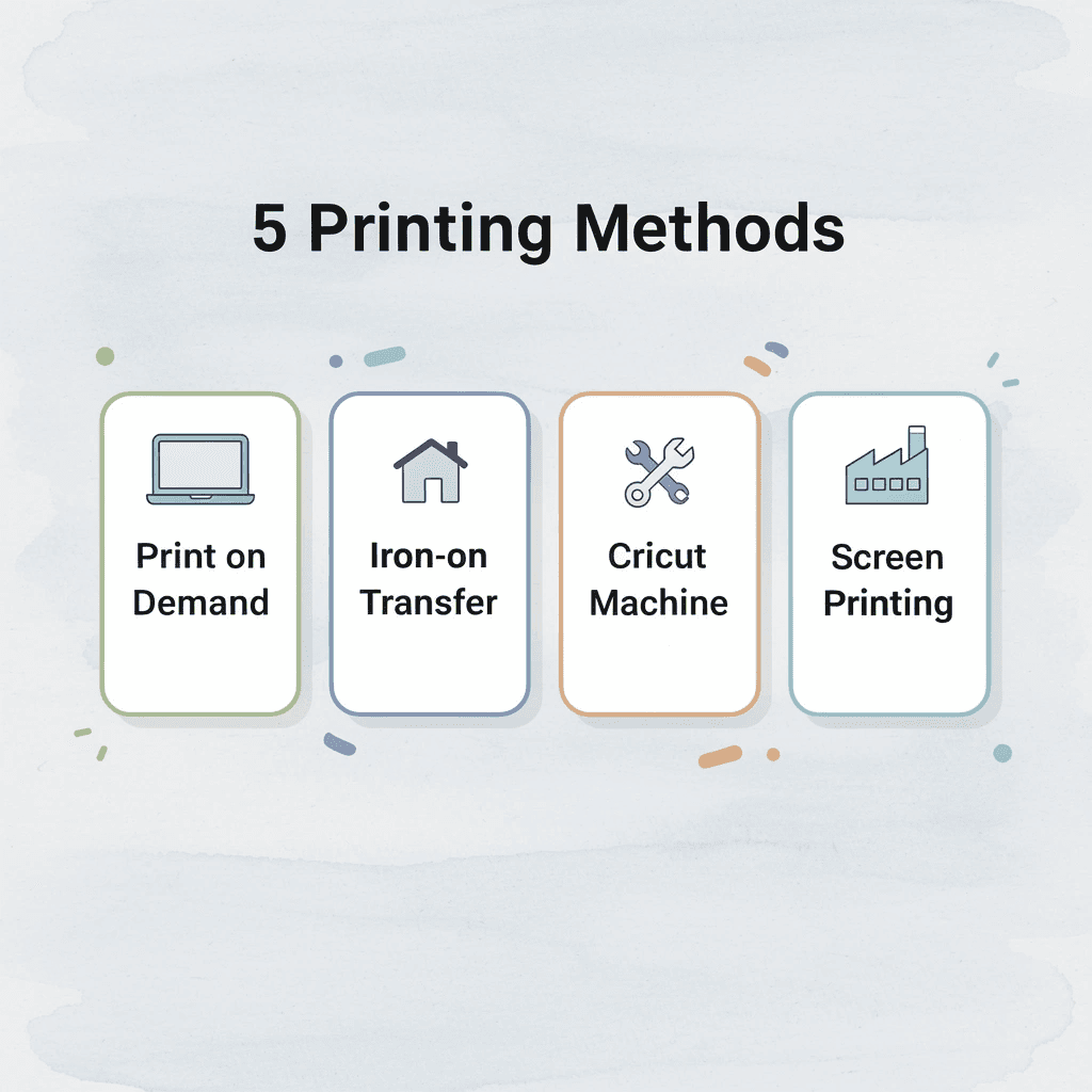 Infographic showing 5 shirt printing methods with icons - How to Print a Picture on a Shirt