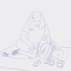 Portada de Radiografía: dependencia funcional en Chile, estudio de IdeaPaís, mostrando una ilustración de una mujer que ayuda a un niño a realizar un ejercicio en el suelo. 