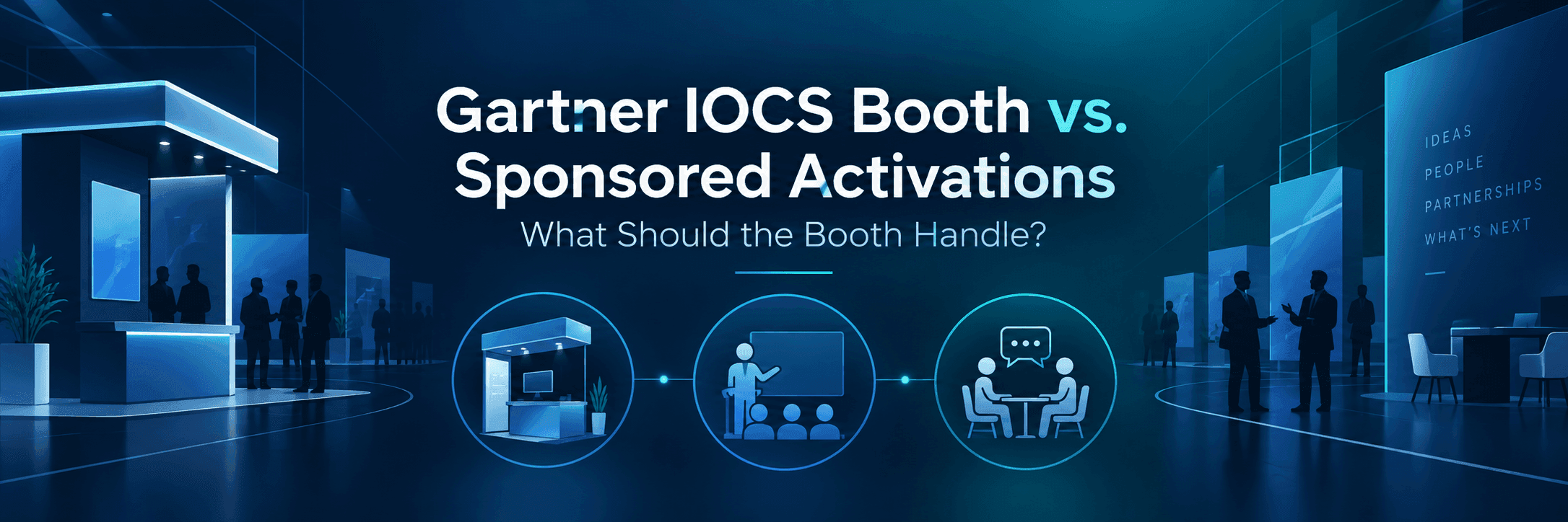 Gartner IOCS booth planning banner with exhibit, sponsored presentation, and buyer meeting icons