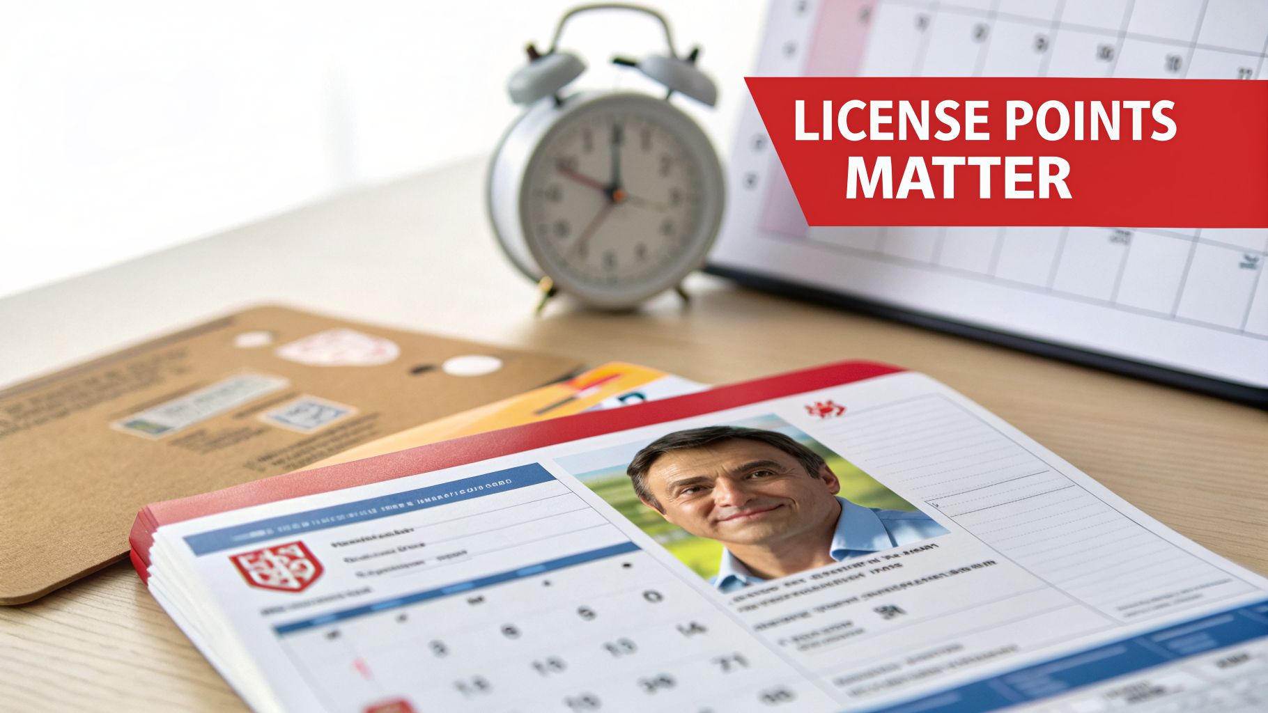 A desk with a calendar, alarm clock, and papers, highlighting 'LICENSE POINTS MATTER' in a red banner.