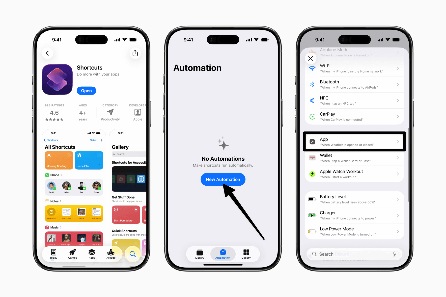 3 iPhones showing steps to create a new automation for when opening or closing an app