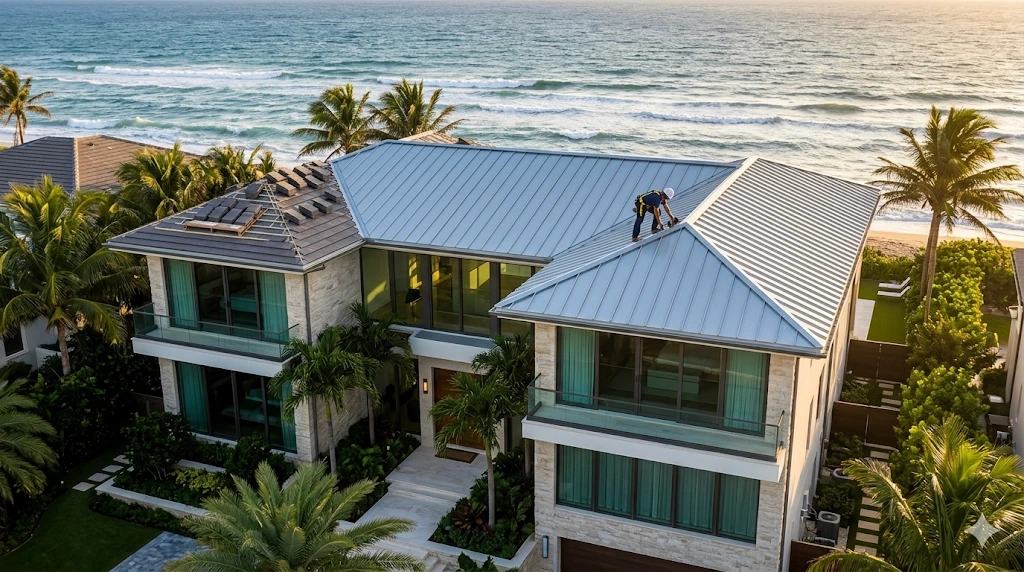 Roofing contractor Highland Beach FL — premium coastal roof replacement on luxury oceanfront property by Roofing Network licensed contractor