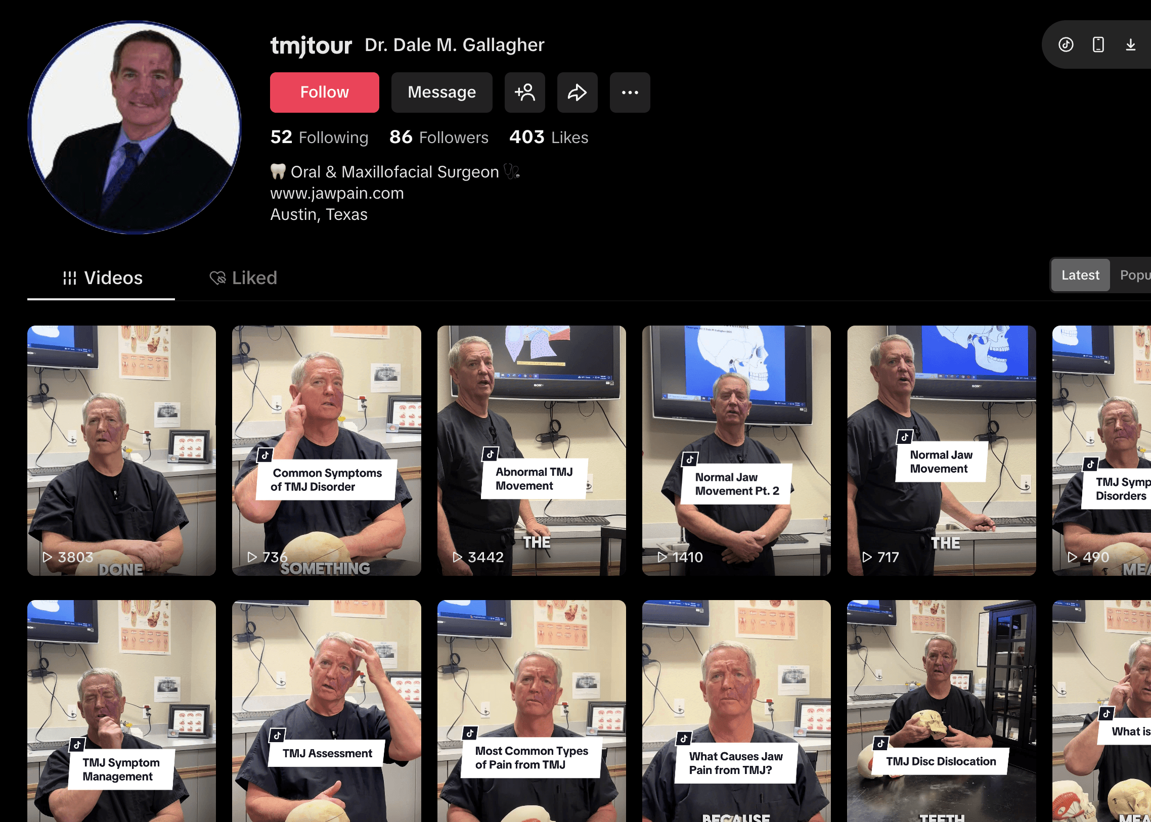 TikTok Channel called "TMJ Tour" by Dr. Dale Gallagher, DDS