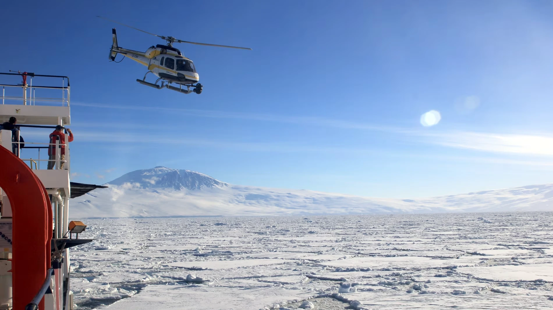 Helicopter exploring the Ross Sea in Antarctica