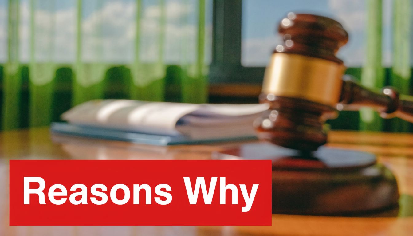A wooden gavel resting on a table next to legal documents with the red text Reasons Why.