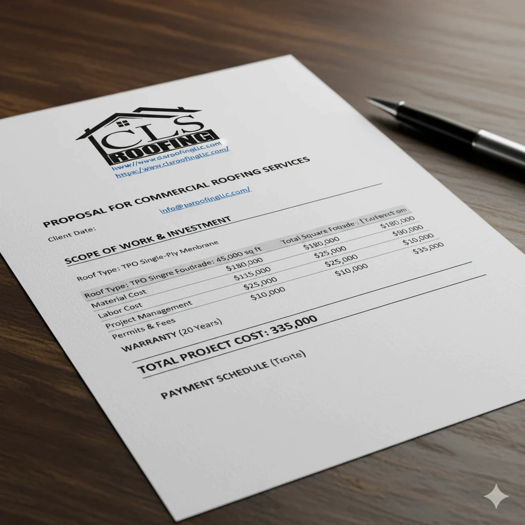 A clean, professional proposal document with clear pricing breakdowns for Commercial roofing.